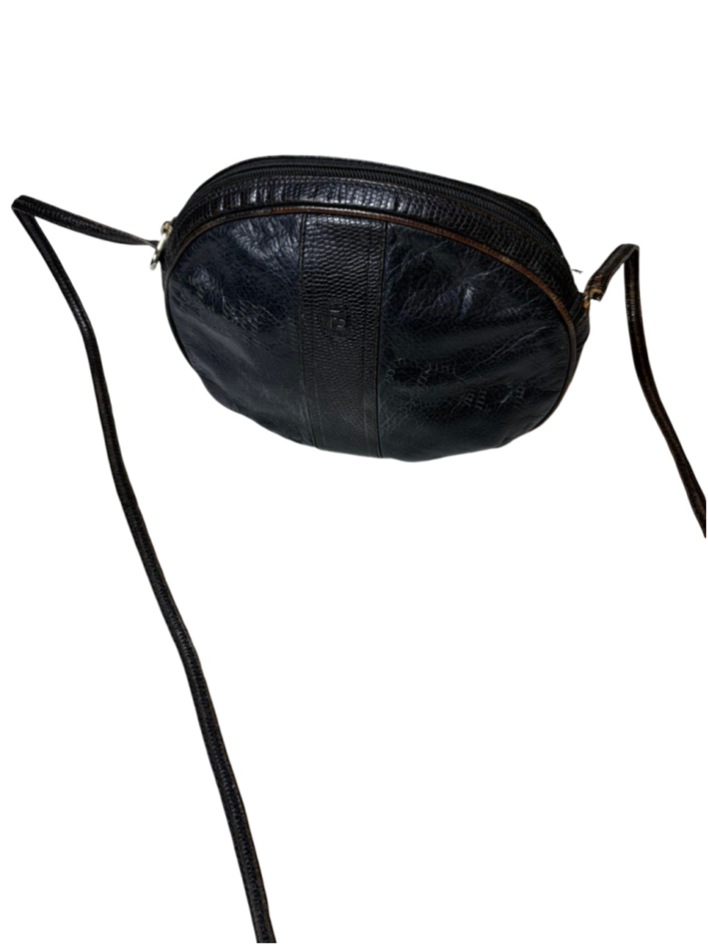 Vintage Fendi Black Leather Oval Crossbody Bag Textured Trim Zip Top